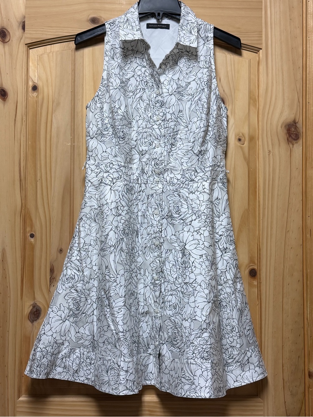 Banana Republic Sleeveless Collared Floral Shirt Dress Pockets White Black Small